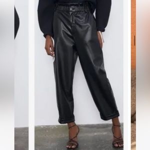 Zara faux black leather paper bag waist pants size 4